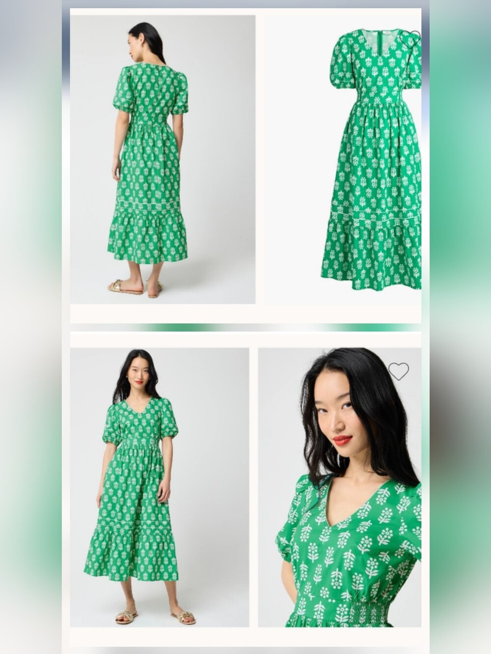 J. Crew size 10 12 16 Emerald Beryl Green Floral V-Neck Puff Sleeve Midi Dress - Picture 1 of 3